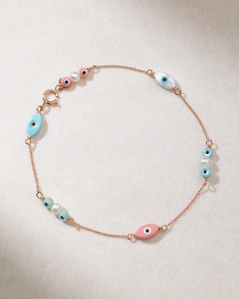 18K Rose Gold Turquoise, Mother of Pearl Bracelet, Corals and Pearls.