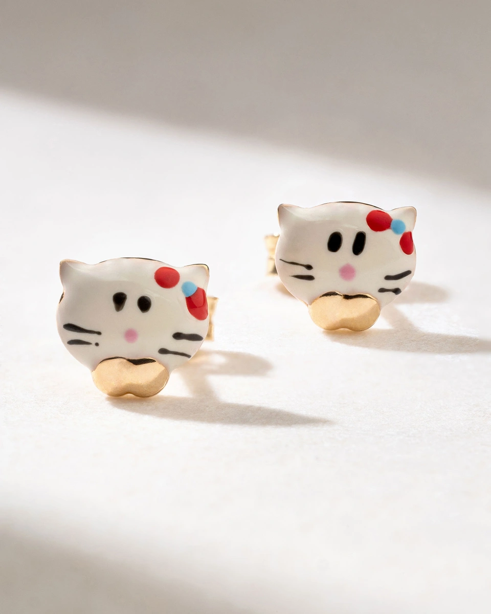 Hello Kitty Earrings in 18K Yellow Gold with Enamel