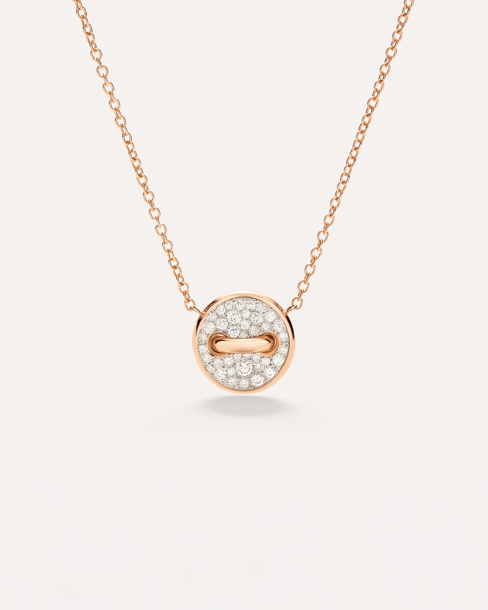 Pom Pom Dot Νecklace with pendant in 18k rose gold with 39 white diamonds and white mother-of-pearl.