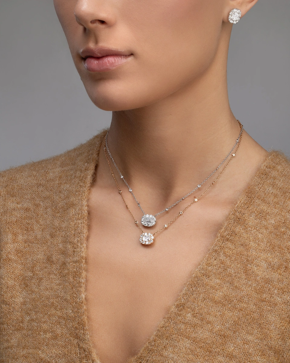 Κολιέ Ροζ Χρυσό Κ18 με Τραπεζοειδή και Μπριγιάν Διαμάντια