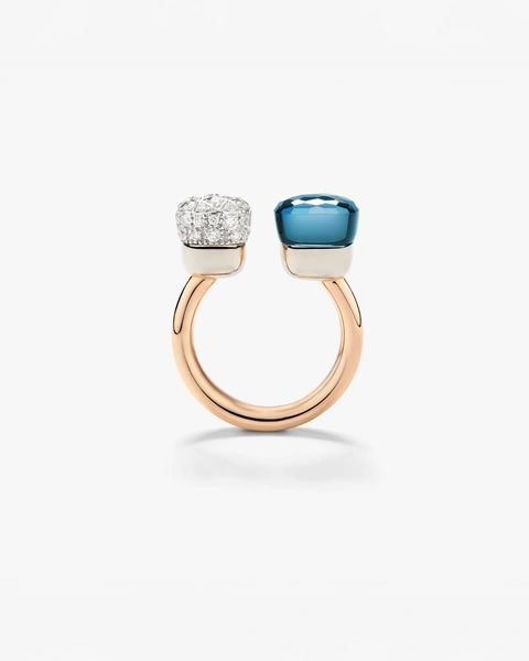 Toi & Moi Nudo ring in 18k rose and white gold with london blue topaz and white diamonds