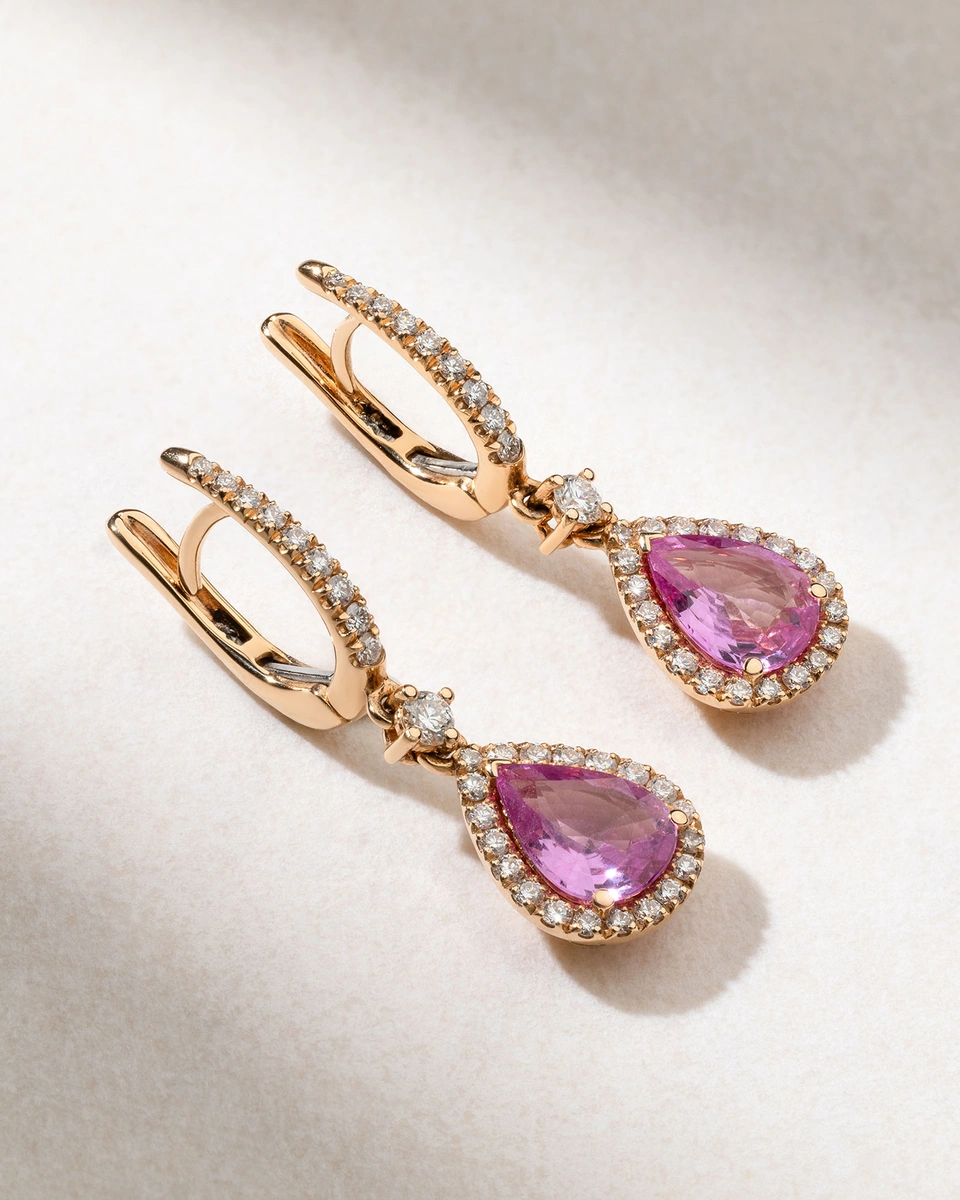 18K Rose Gold Drop Earrings with Diamonds and Pear Shaped Pink Sapphires
