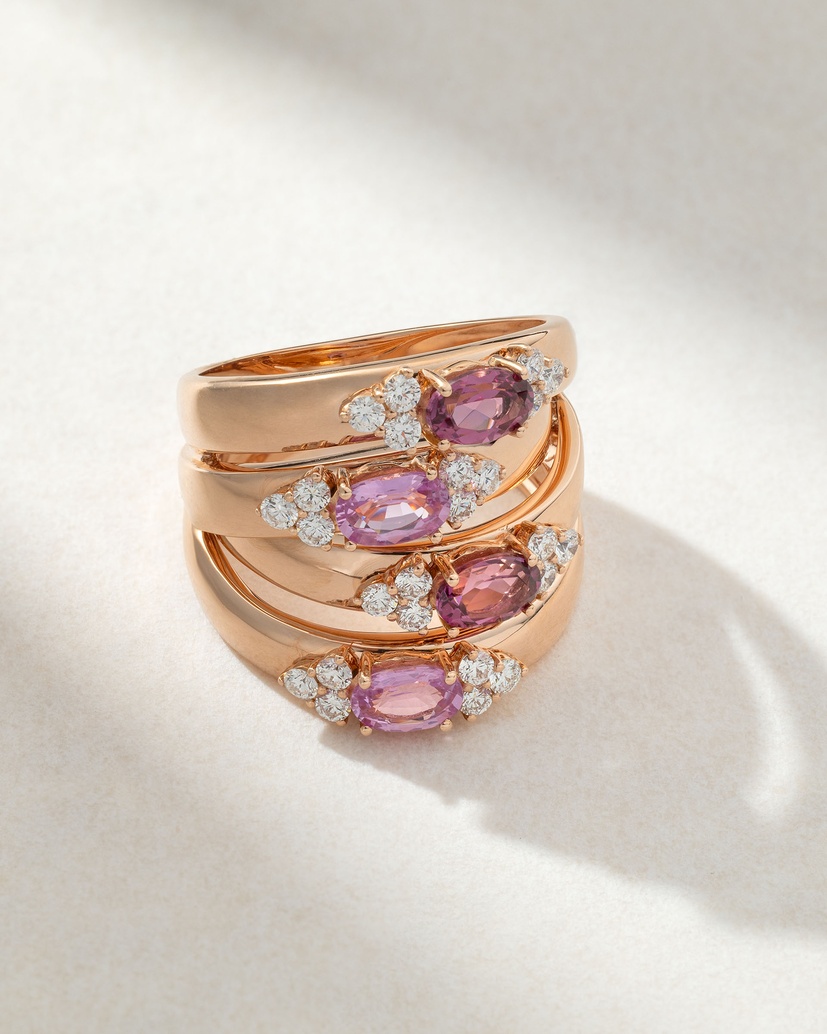 18K Rose Gold Ring with Oval Pink Sapphires, Rodolites and Diamonds