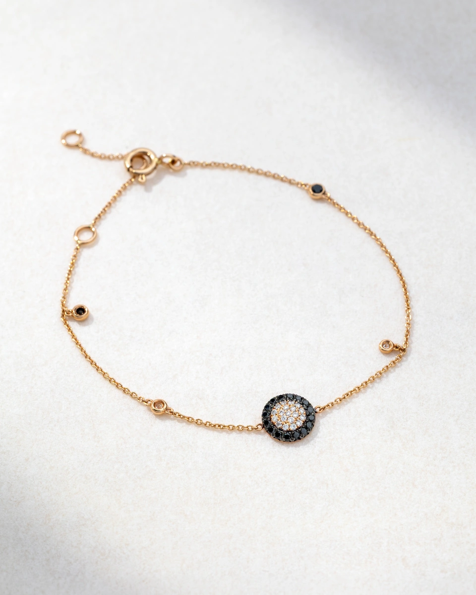 Bracelet in 18K Rose Gold with White & Black Brilliant Diamonds in Unique Design with Dangling Diamonds
