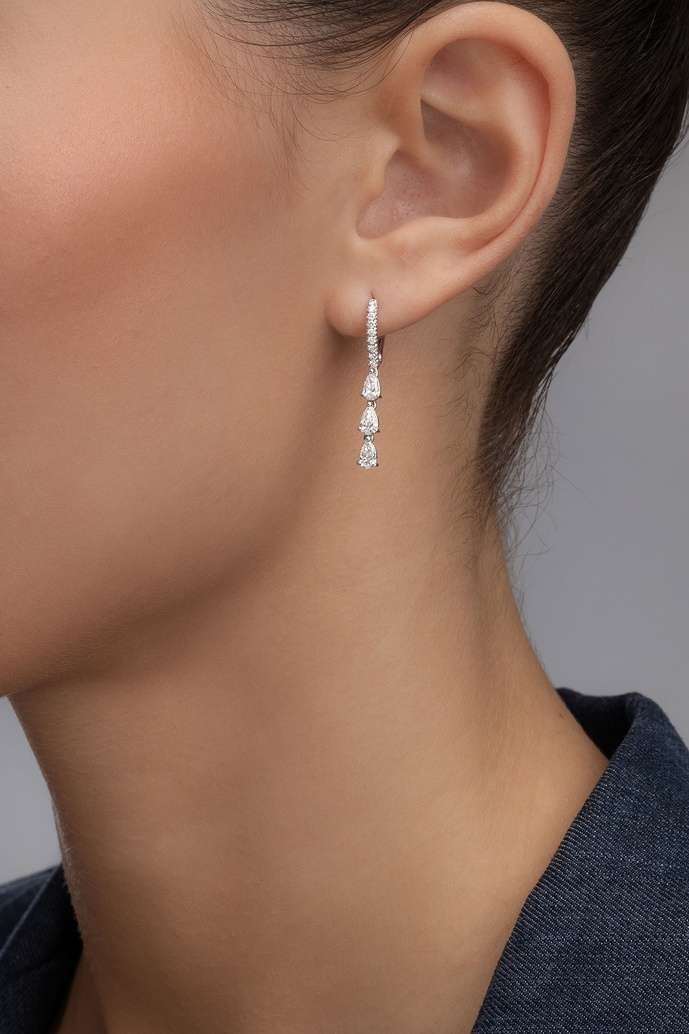 18K White Gold Hoop Earrings with Drop Diamonds