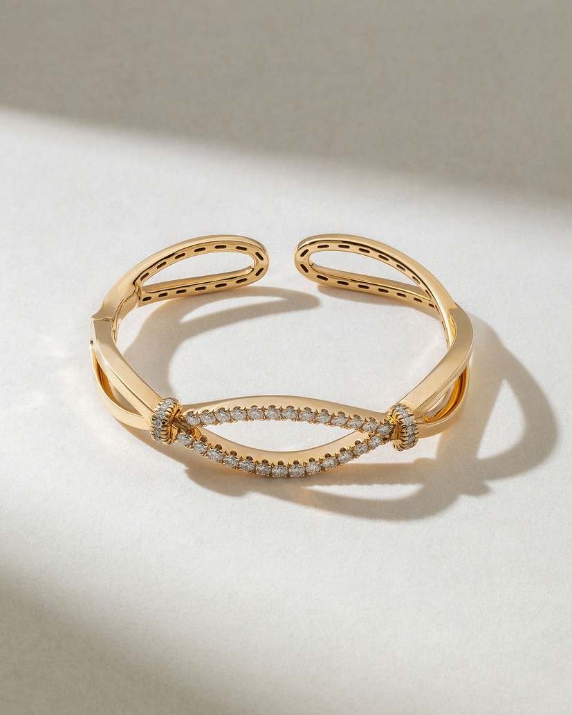 18K Rose Gold Wavy Cuff Bracelet with Diamonds