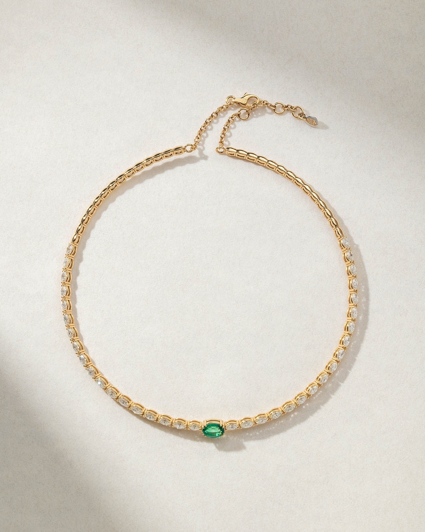 18Κ Yellow Gold Chocker Necklace with Marquise Cut Diamonds and an Oval Cut Emerald