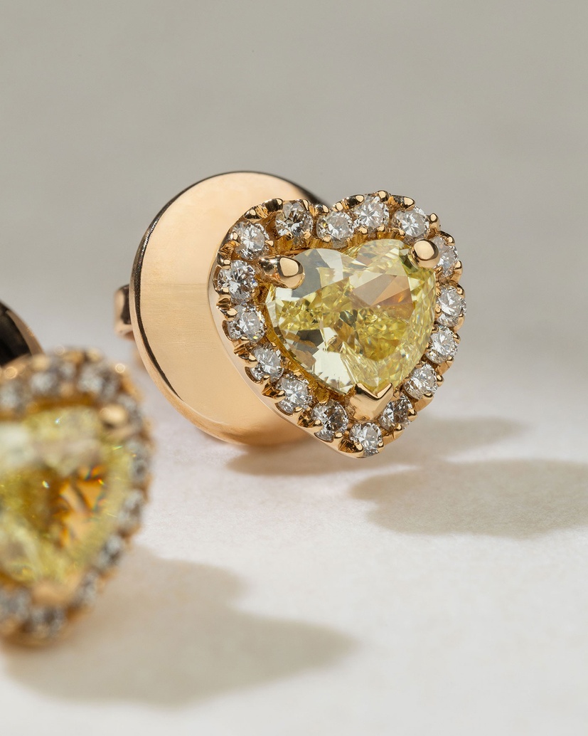 18K Rose Gold Earrings with Fancy Yellow Heart Shaped Diamonds