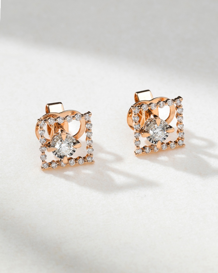 18K Rose Gold Earrings with Square Diamond Outline - Image 3
