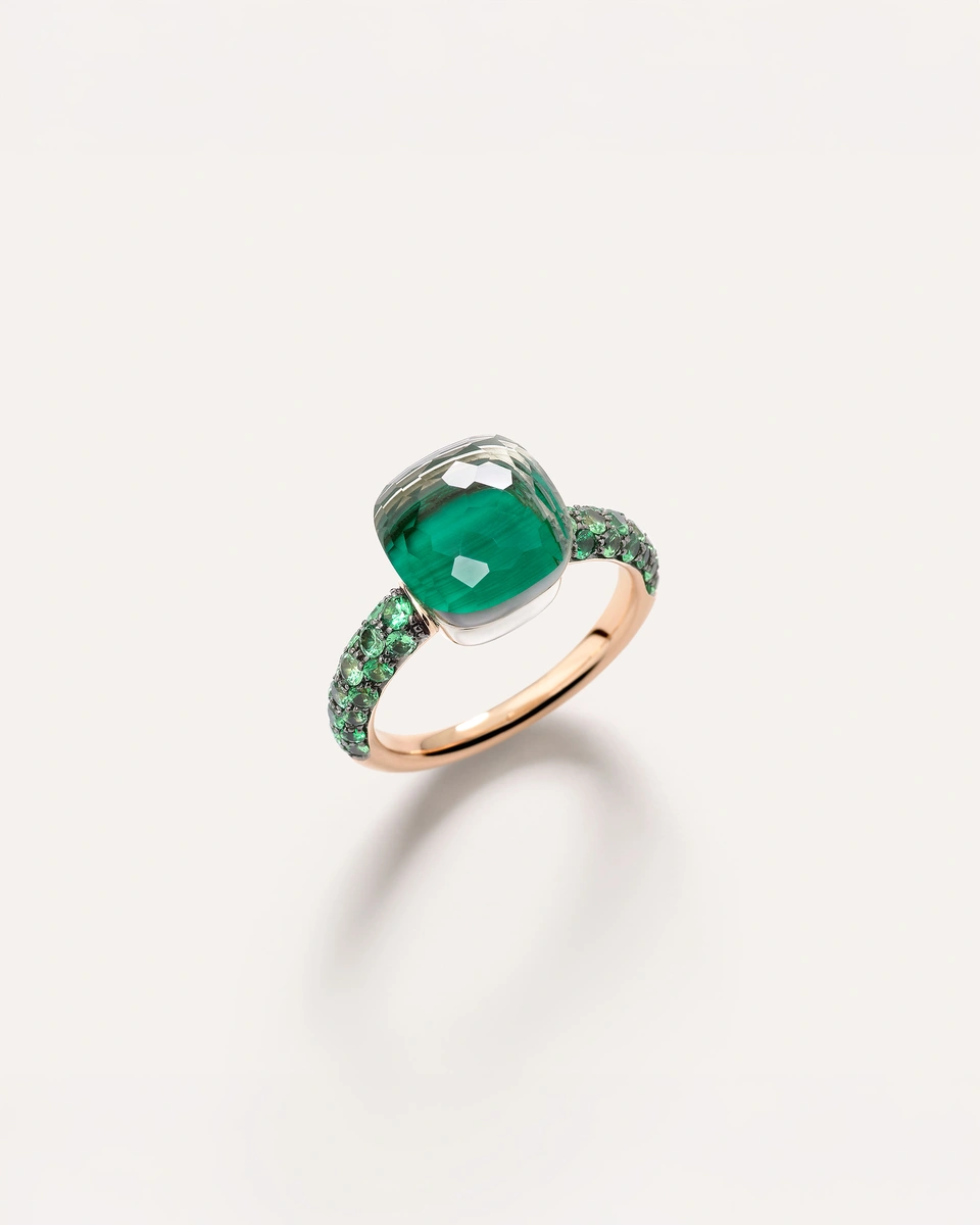 Nudo ring in 18k rose and white gold with prasiolite, malachite and tsavorites