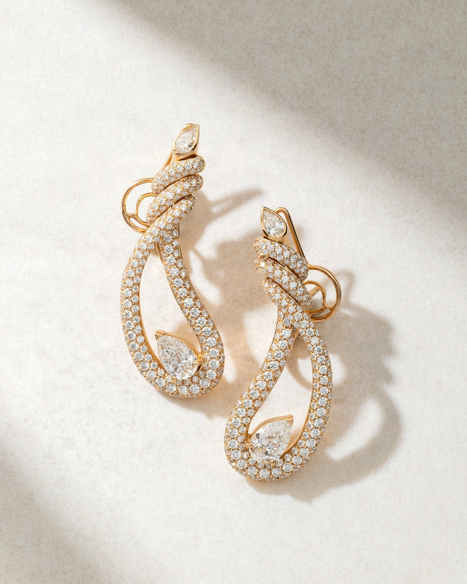18Κ Rose Gold Snake Shaped Earrings with Poir and Brilliant Diamonds