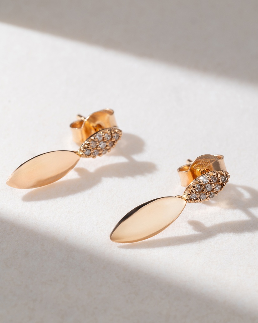 18Κ Rose Gold Drop Earrings with Leaves and Diamonds