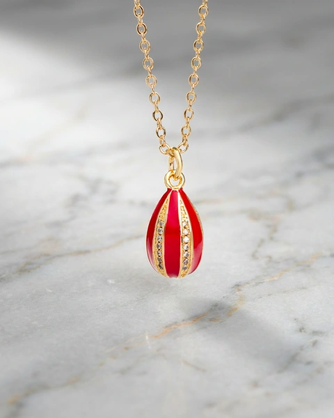 Gold-Plated Egg Necklace with Red and Gold Enamel and White Stones