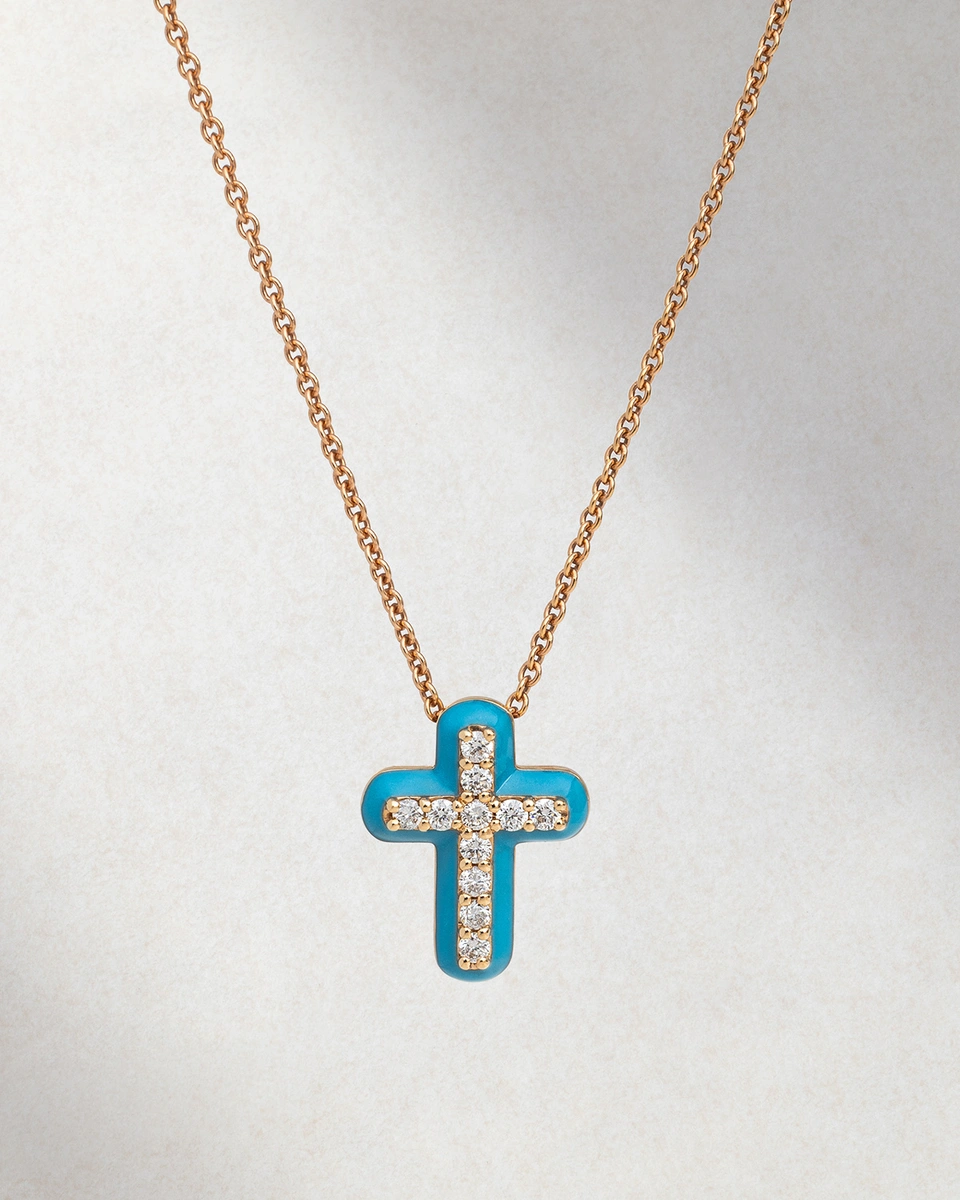 Cross in 18K Rose Gold with Brilliant-Cut Diamonds & Enamel