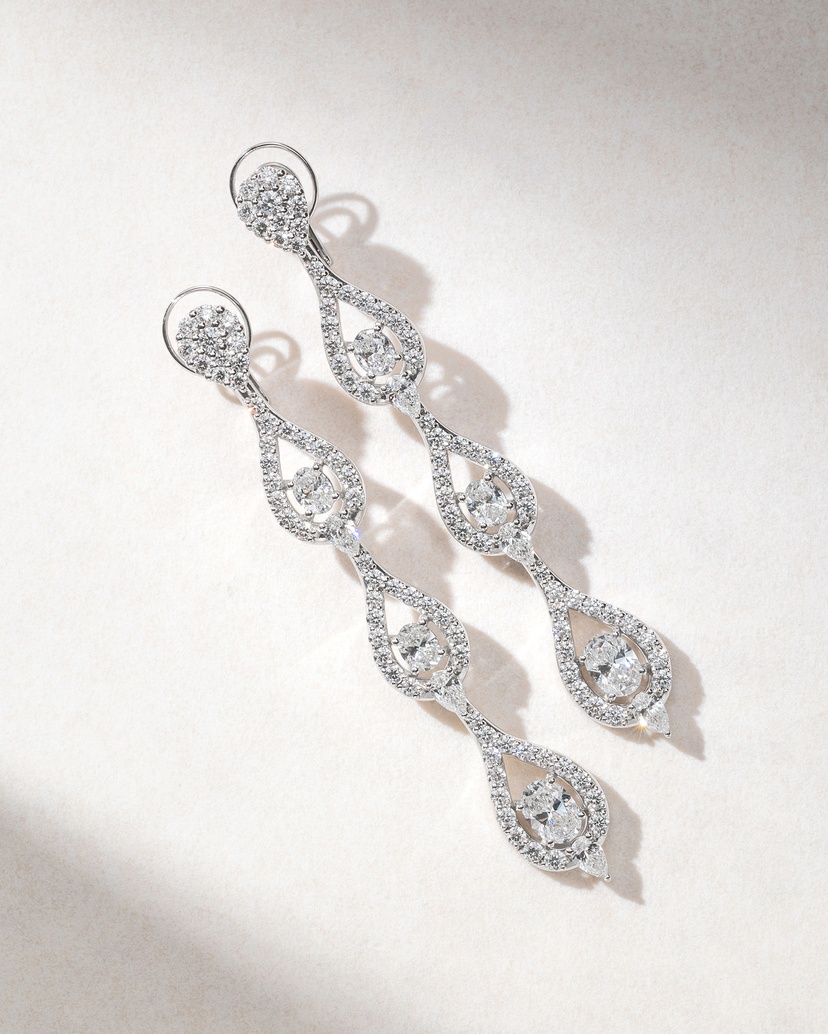 18Κ White Gold Long Earrings with Oval, Brilliant and Pear Shaped Diamonds - Image 2