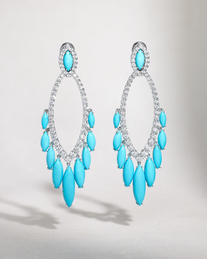 18K White Gold Earrings with Turquoise Stones and Diamonds - Image 1