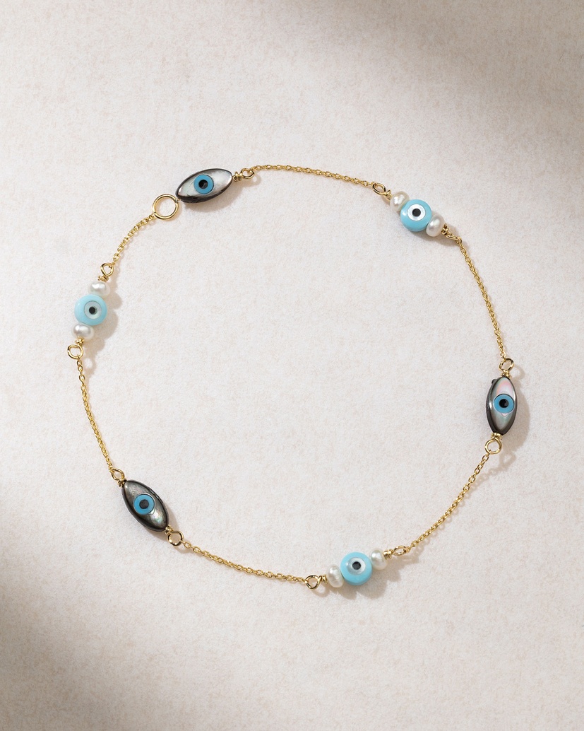 18K Yellow Gold Turquoise and Mother of Pearl Bracelet