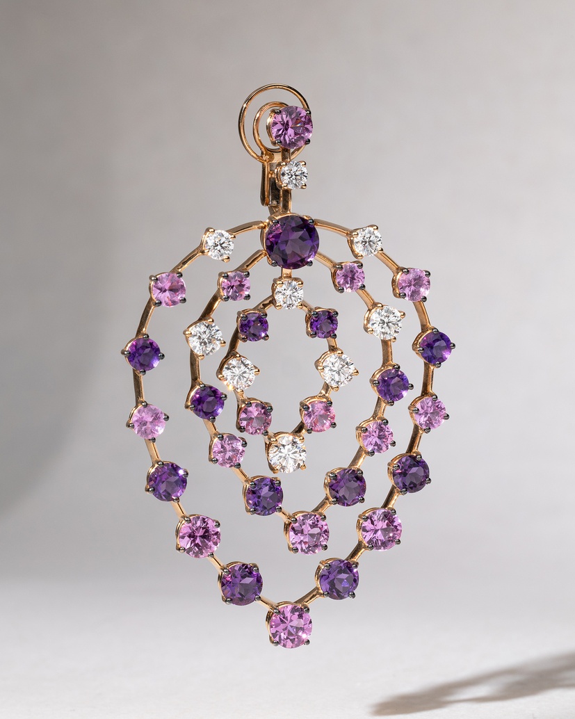 18K Rose Gold Earrings with Amethysts, Diamonds and Pink Sapphires - Image 2