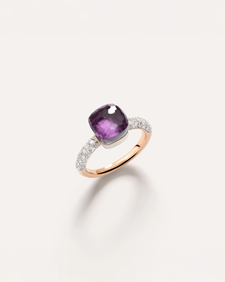 Petit Nudo ring in 18k rose and white gold with amethyst and white diamonds