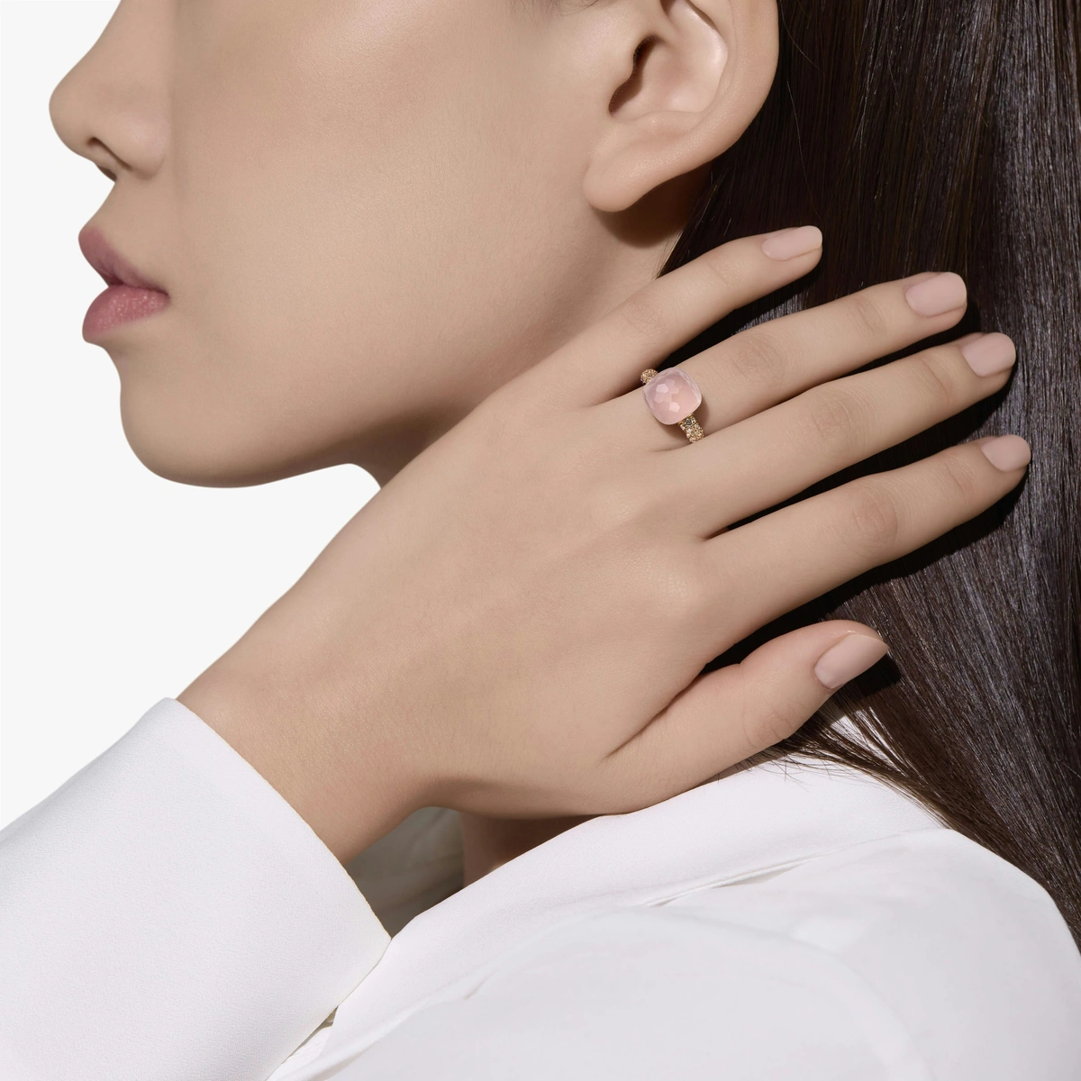 Nudo ring in 18k rose and white gold with rose quartz, chalcedony and brown diamonds.