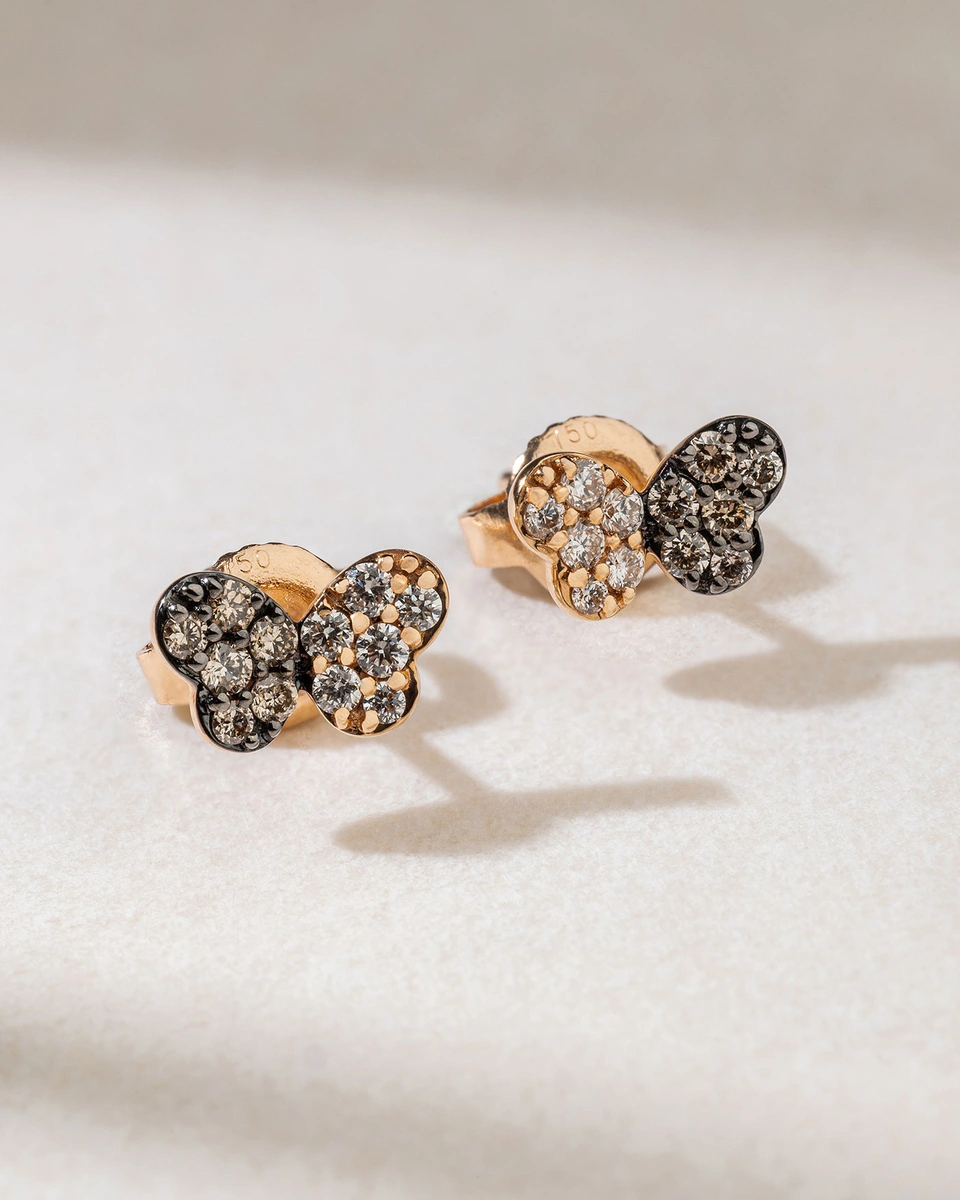 Butterfly Rose Gold Earrings with Brown and White Diamonds