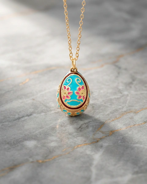 Gold-Plated Egg Necklace with Pink and Light Blue Enamel