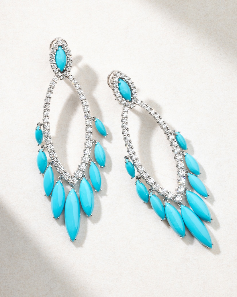 18K White Gold Earrings with Turquoise Stones and Diamonds - Image 3
