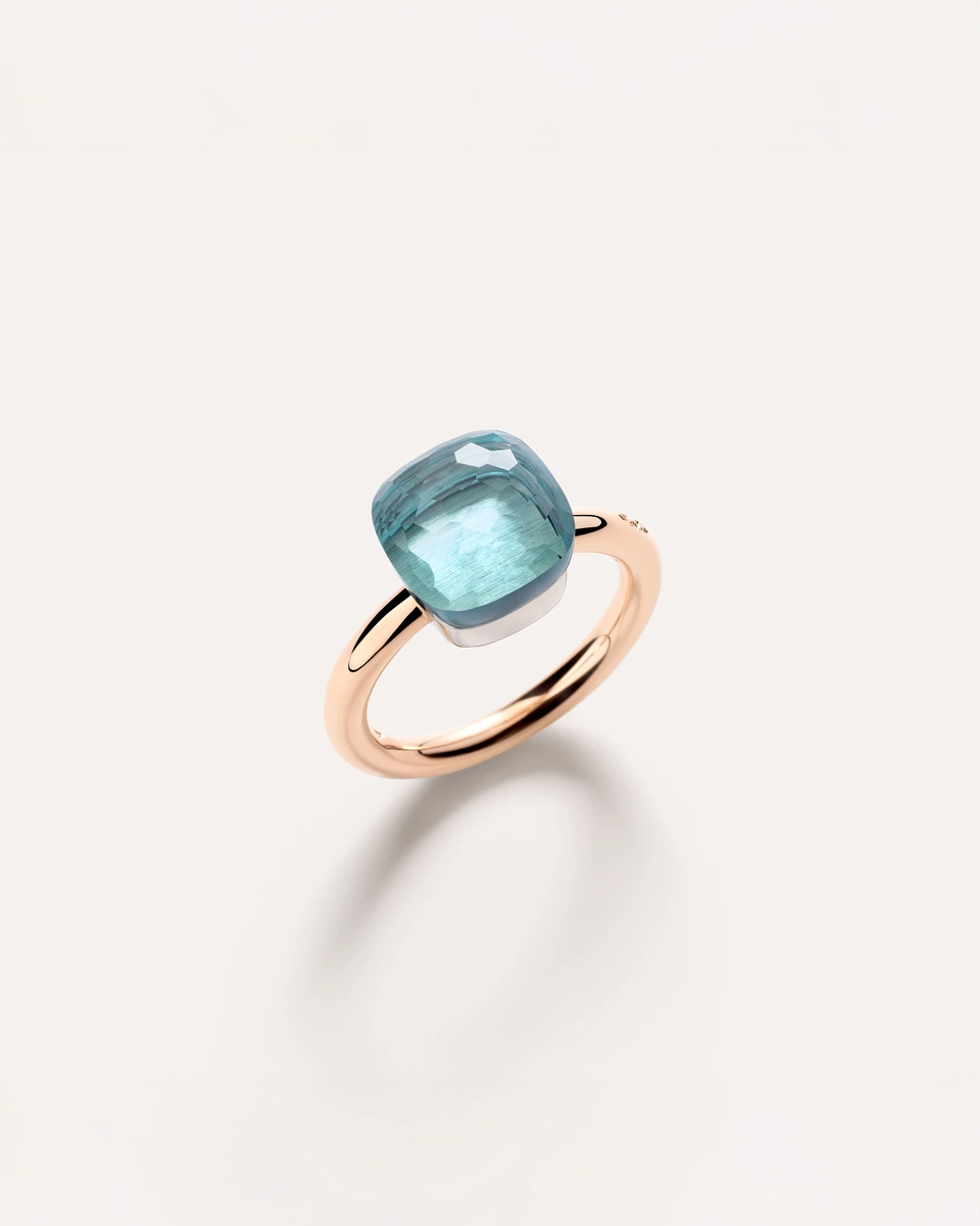 Classic Nudo ring in 18k rose and white gold with sky blue topaz
