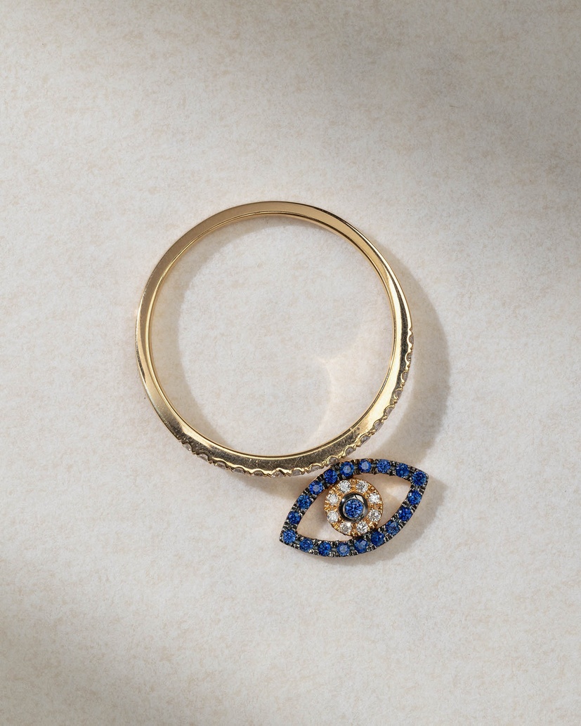 Evil Eye 18K Rose Gold Ring with Blue Sapphires and Diamonds