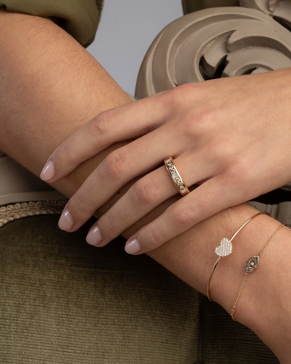 Βραχιόλι Ροζ Χρυσό Κ18 με Μάτι και Λευκά και Καφέ Διαμάντια