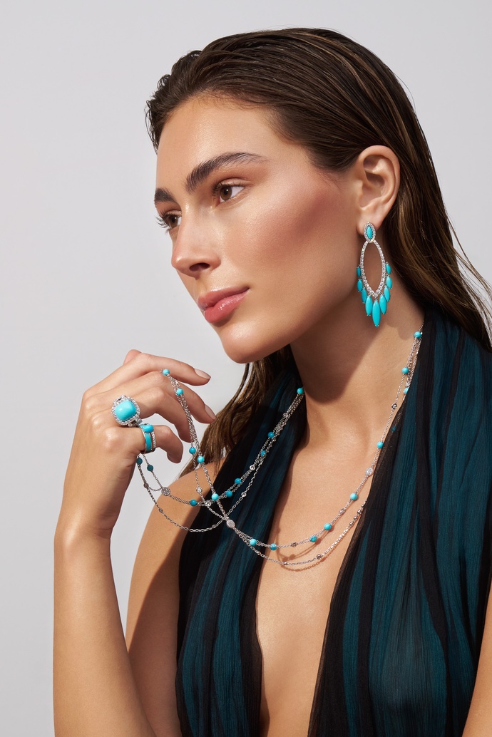 18K White Gold Earrings with Turquoise Stones and Diamonds - Image 2