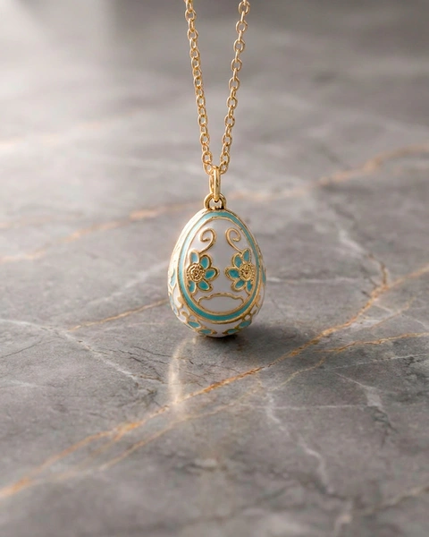 Gold-Plated Egg Necklace with White and Light Blue Enamel