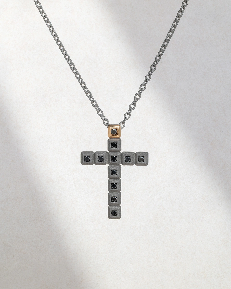 Cross in 18K Rose Gold, Silver, and Titanium with Black Brilliant-cut diamonds