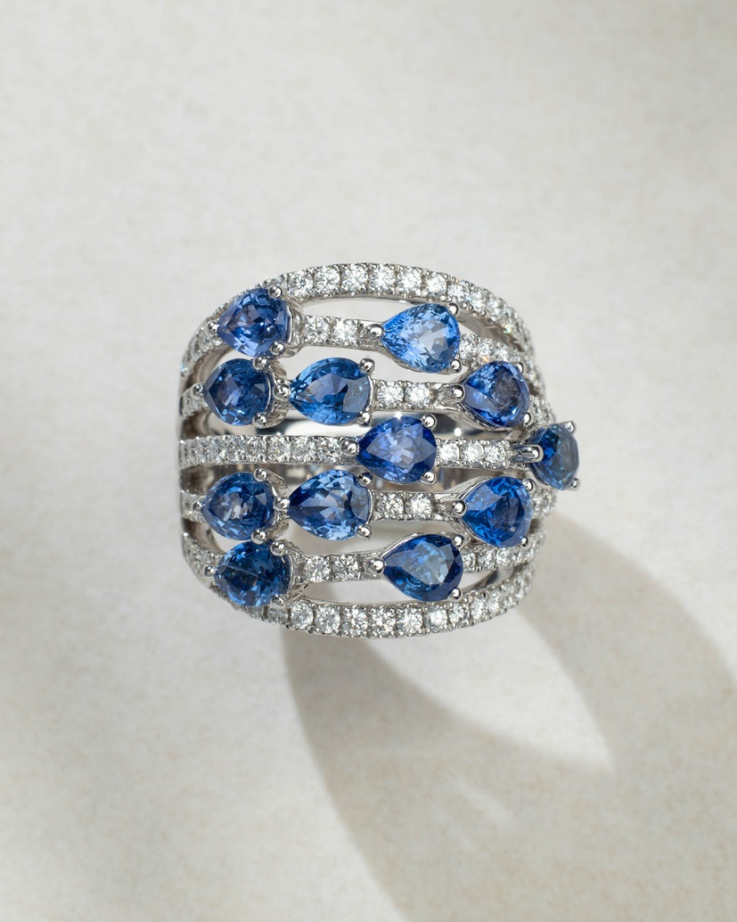 Raindrops 18K White Gold Ring with Sapphires and Diamonds