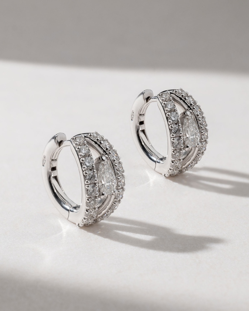 18K White Gold Hoops with Brilliant and Pear Shaped Diamonds