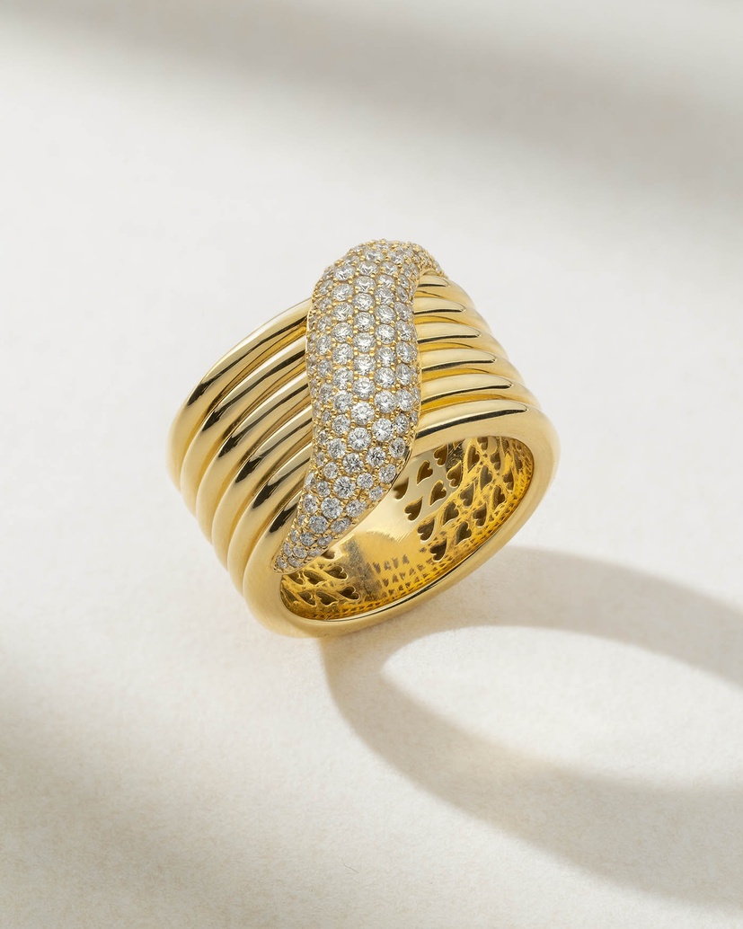 Stacked effect Pave’ Diamond 18K Yellow Gold Ring