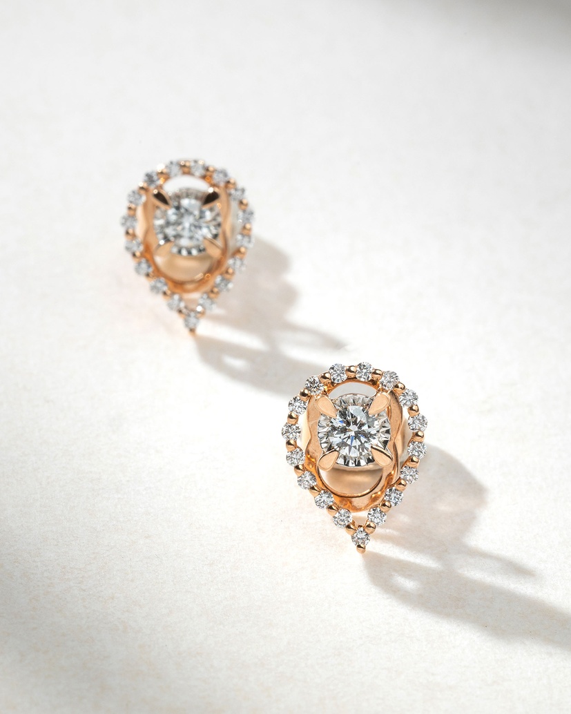 18K Rose Gold Earrings with Pear Shaped Outline and Diamonds - Image 3