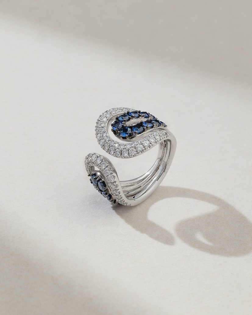 Curvaceous 18K White Gold Ring with Diamonds and Sapphires