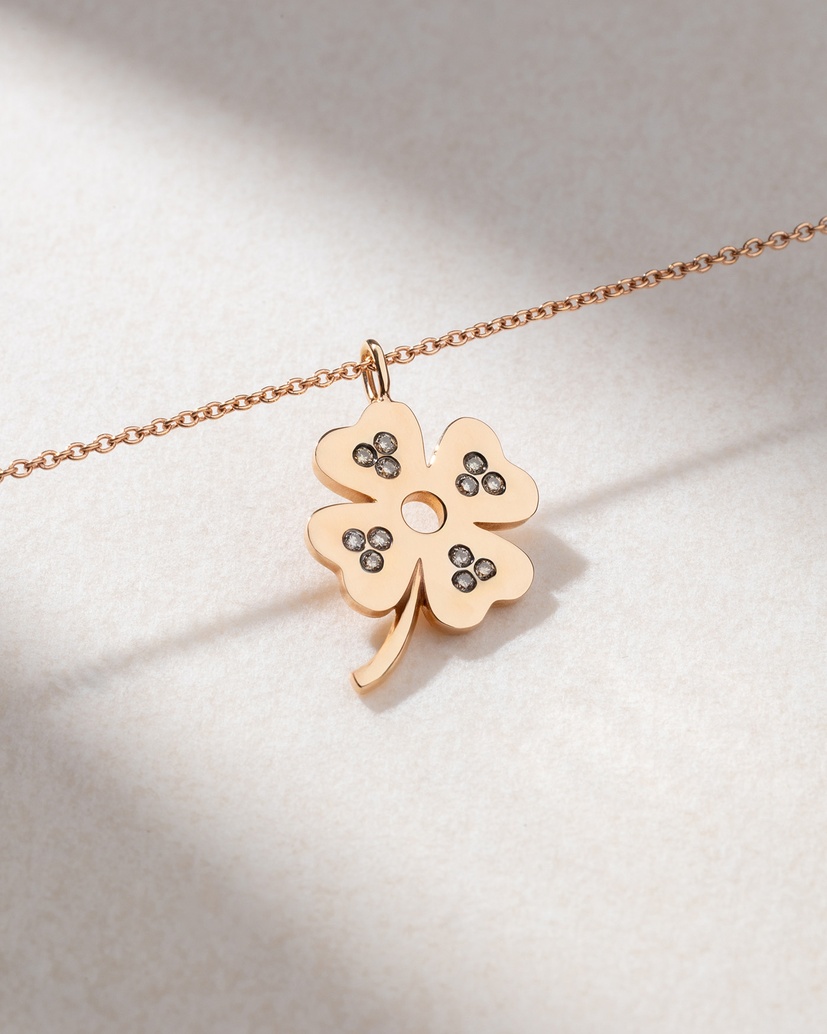 18K Rose Gold Necklace with a Four Leaf Clover and Brown Diamonds