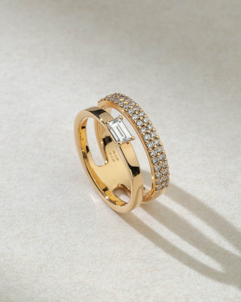 Double Band 18K Rose Gold Ring with Baguette Diamond