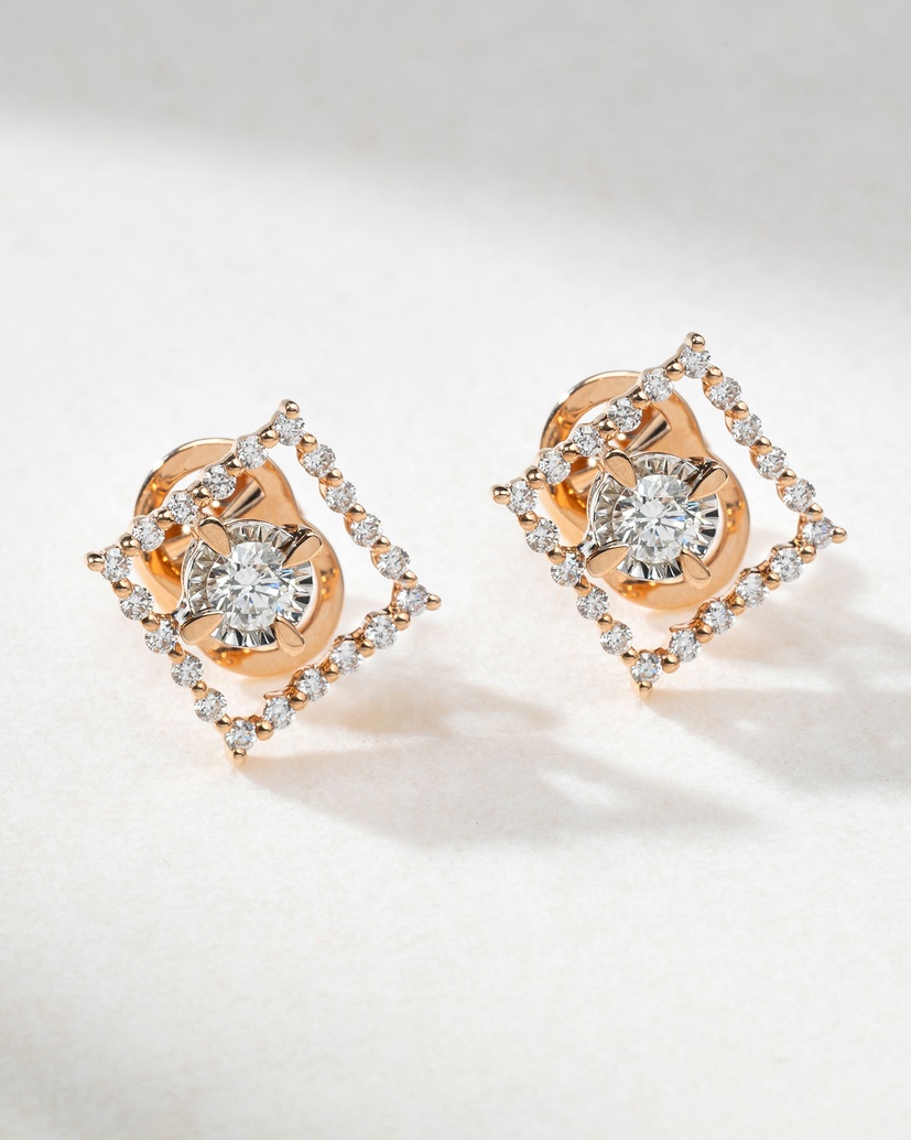 18K Rose Gold Earrings with Square Diamond Outline - Image 2