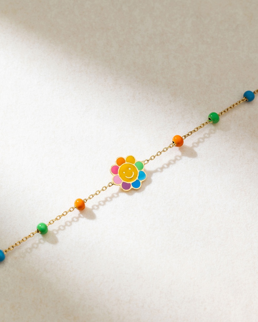 18K Yellow Gold Bracelet with Multicolor Beads and Enamel Flower