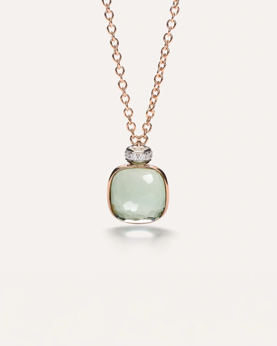 Nudo necklace with pendant in 18k rose and white gold with prasiolite and white diamonds