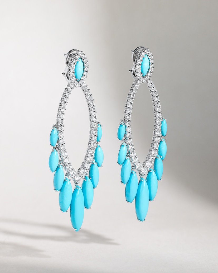 18K White Gold Earrings with Turquoise Stones and Diamonds - Image 5